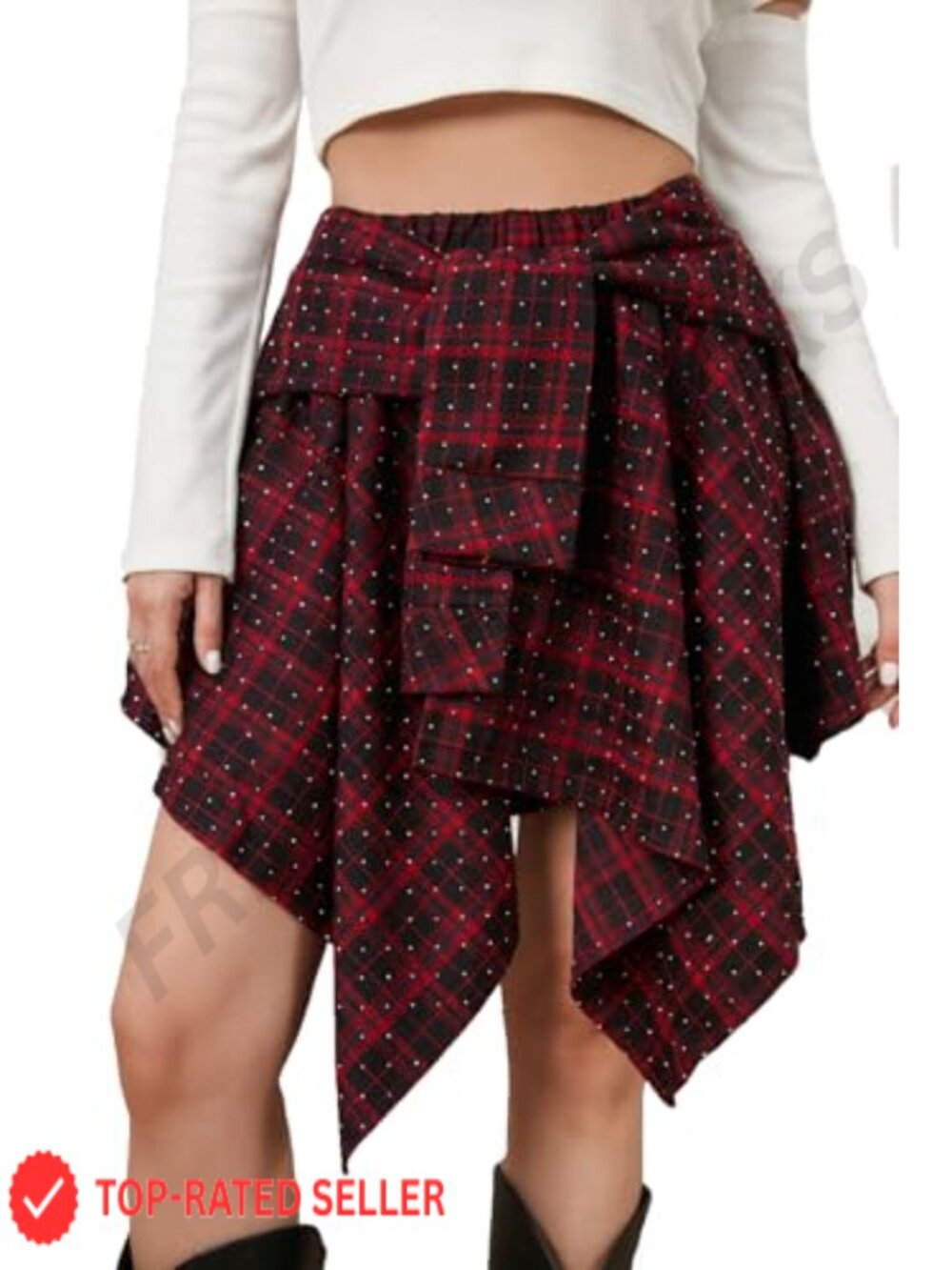 Plaid A-Line Mini Skater Skirt Elastic Waist Knot Front Irregular Hem Cotton